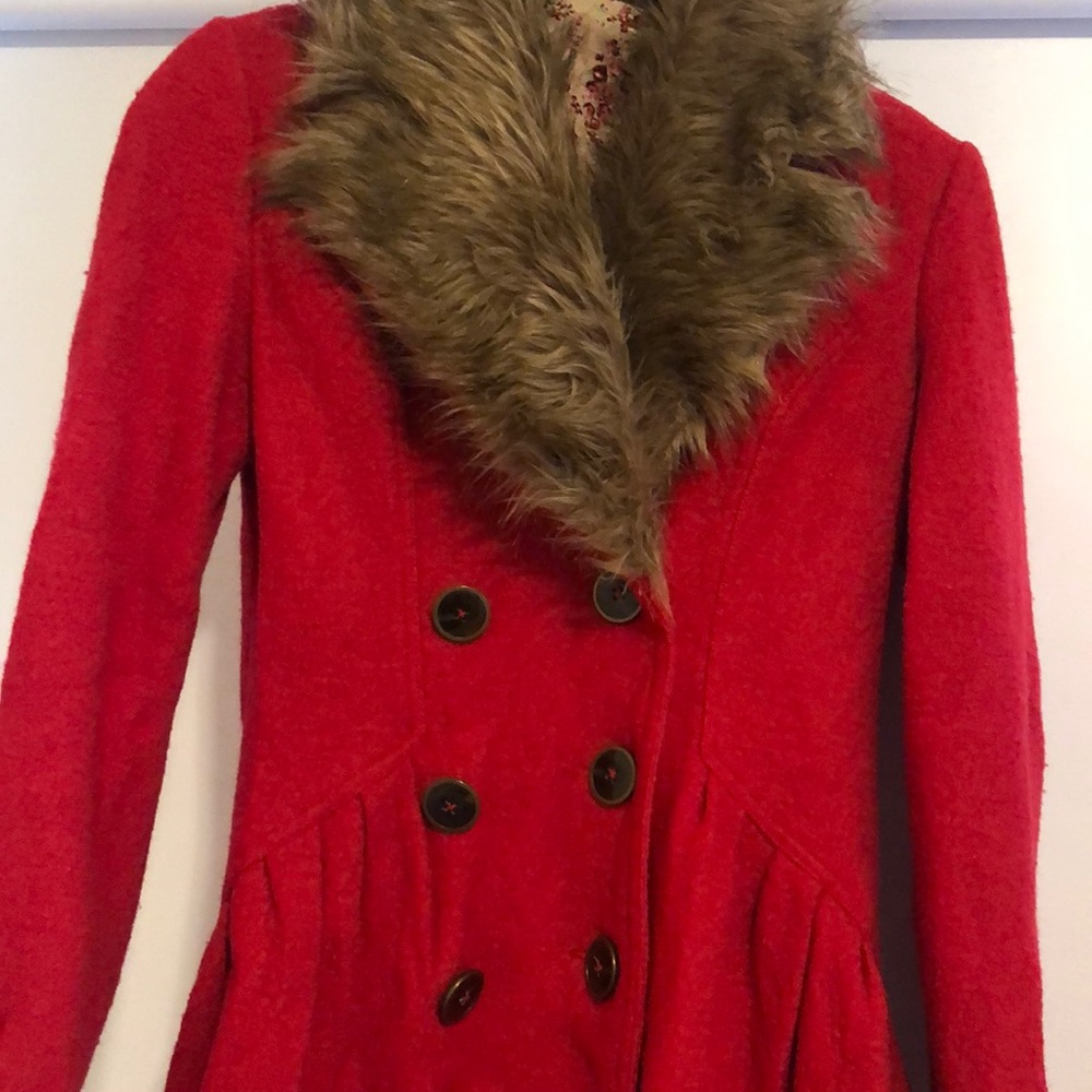 Red Wool Coat With Removable Faux Fur Collar